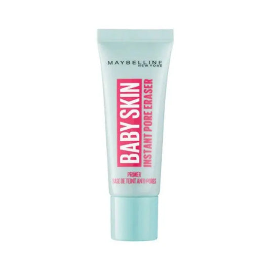 Maybelline New York Baby Skin Instant Pore Eraser primer in a light blue squeeze tube with a pink and white label, shown on a plain white background.