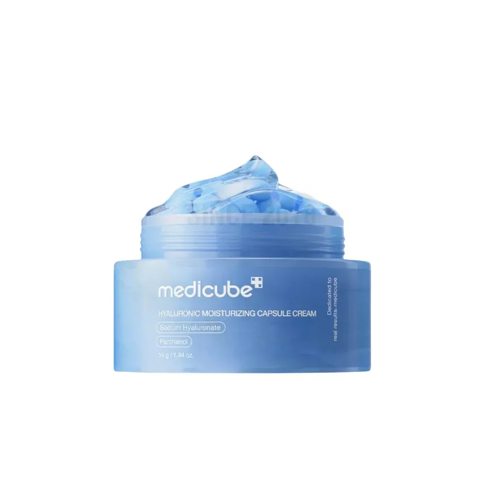 Medicube Hyaluronic Moisturizing Capsule Cream 55g blue jar open showing blue hydration capsules