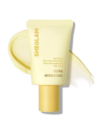 SHEGLAM Melt Touch Ultra-Hydrating Primer yellow tube with gold cap and texture swatch