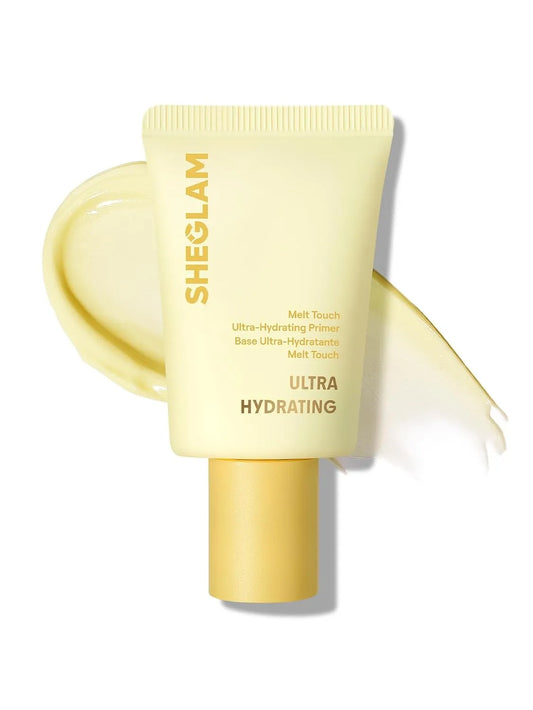 SHEGLAM Melt Touch Ultra-Hydrating Primer yellow tube with gold cap and texture swatch