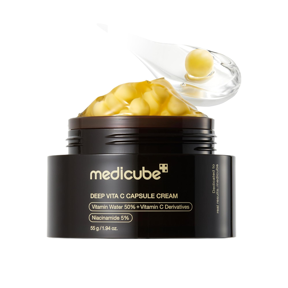 Medicube Deep Vita C Capsule Cream 55g black jar open showing yellow vitamin C capsules