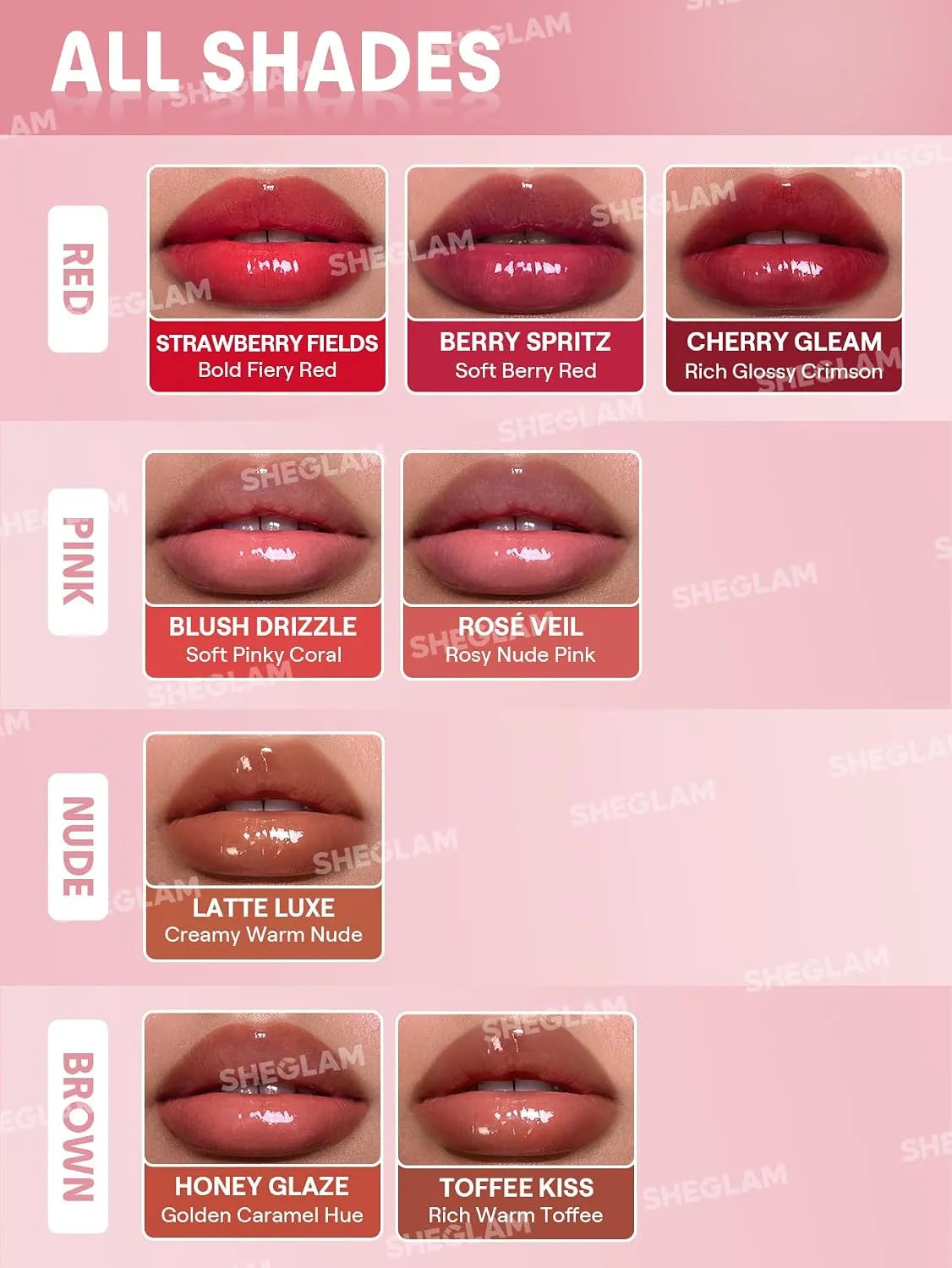 SHEGLAM Hydrating Lip Gloss | Cruelty-Free Plumping Peptides | Bundle of 8 Different Shades