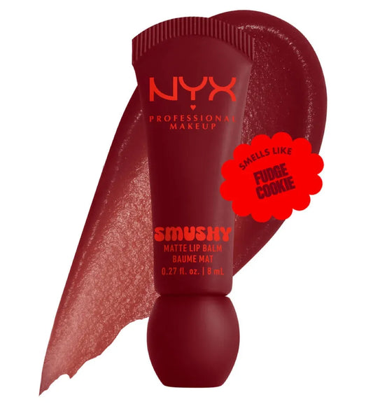 NYX Professional Makeup Smushy Matte Lip Balm 8ml dark red tube with texture swatch